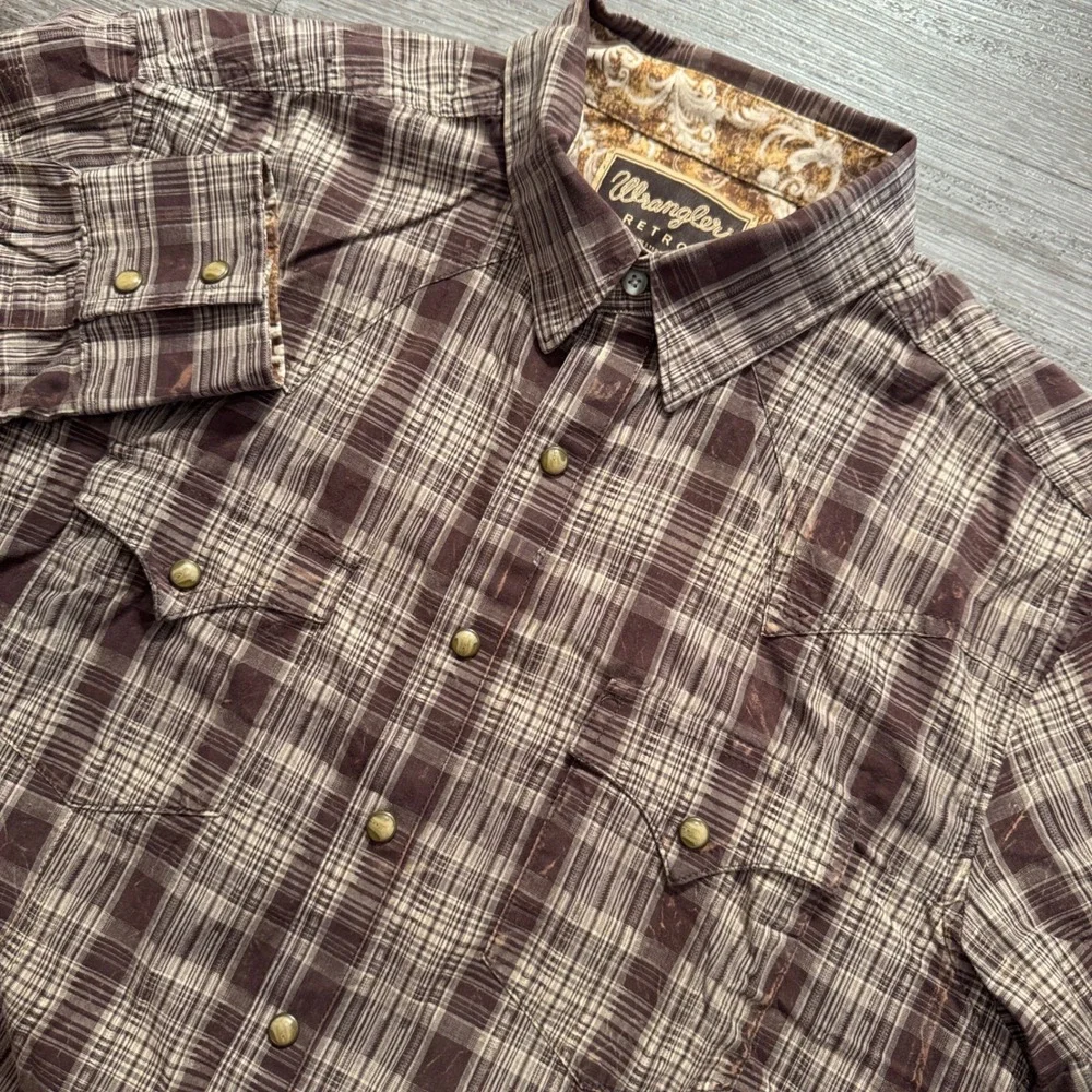 Wrangler Retro Shirt Mens M Brown Plaid Cotton Pearl Snap Western Rodeo Rancher